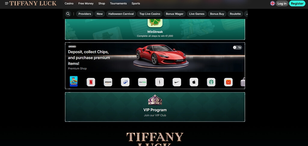 Interfaccia del Casinò TiffanyLuck
