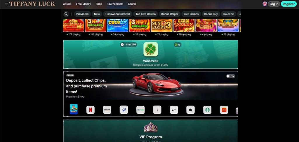 Interface van het TiffanyLuck Casino